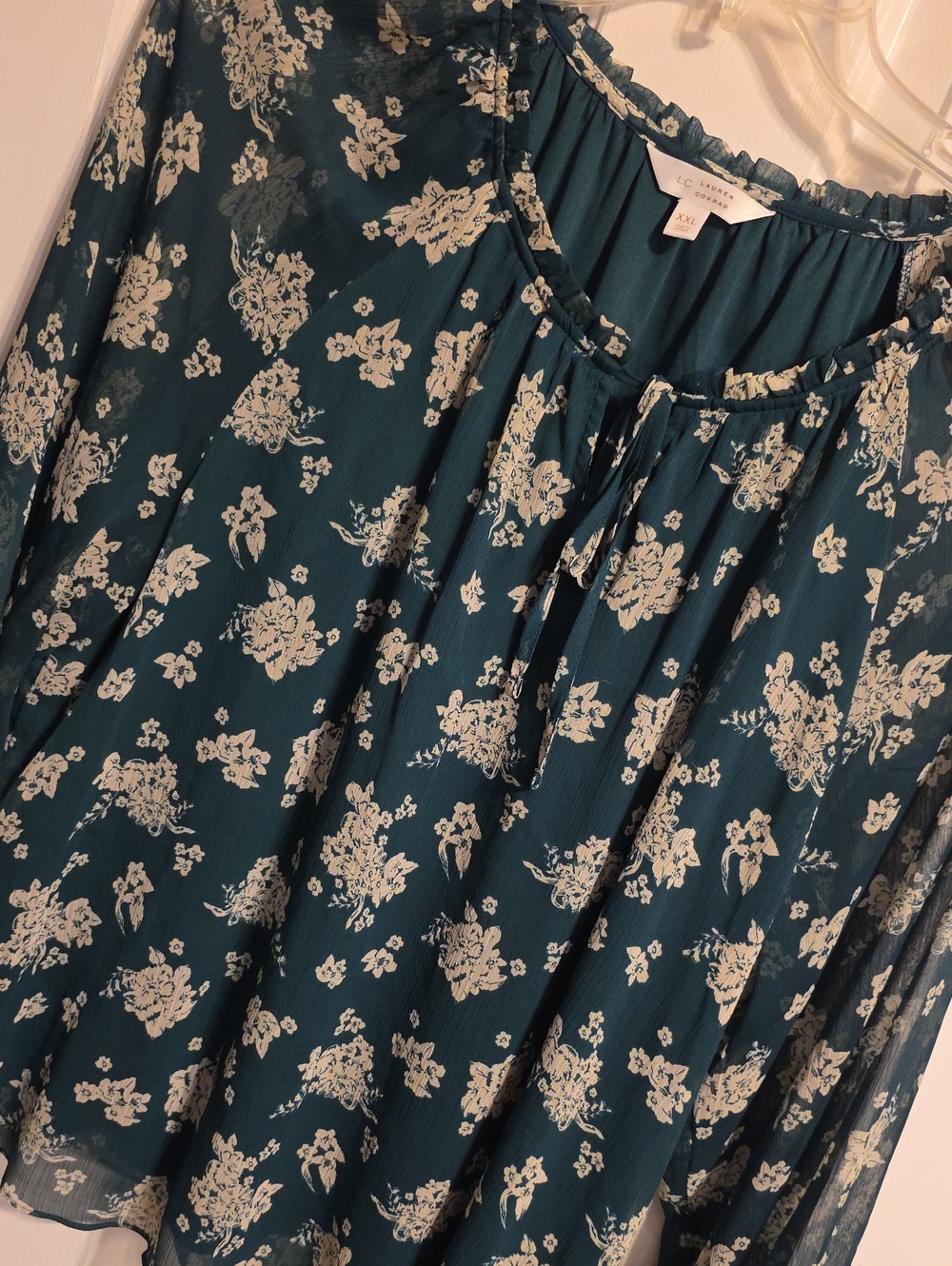 LC Lauren Conrad Dark Green Floral Peasant Blouse with Cream Print
